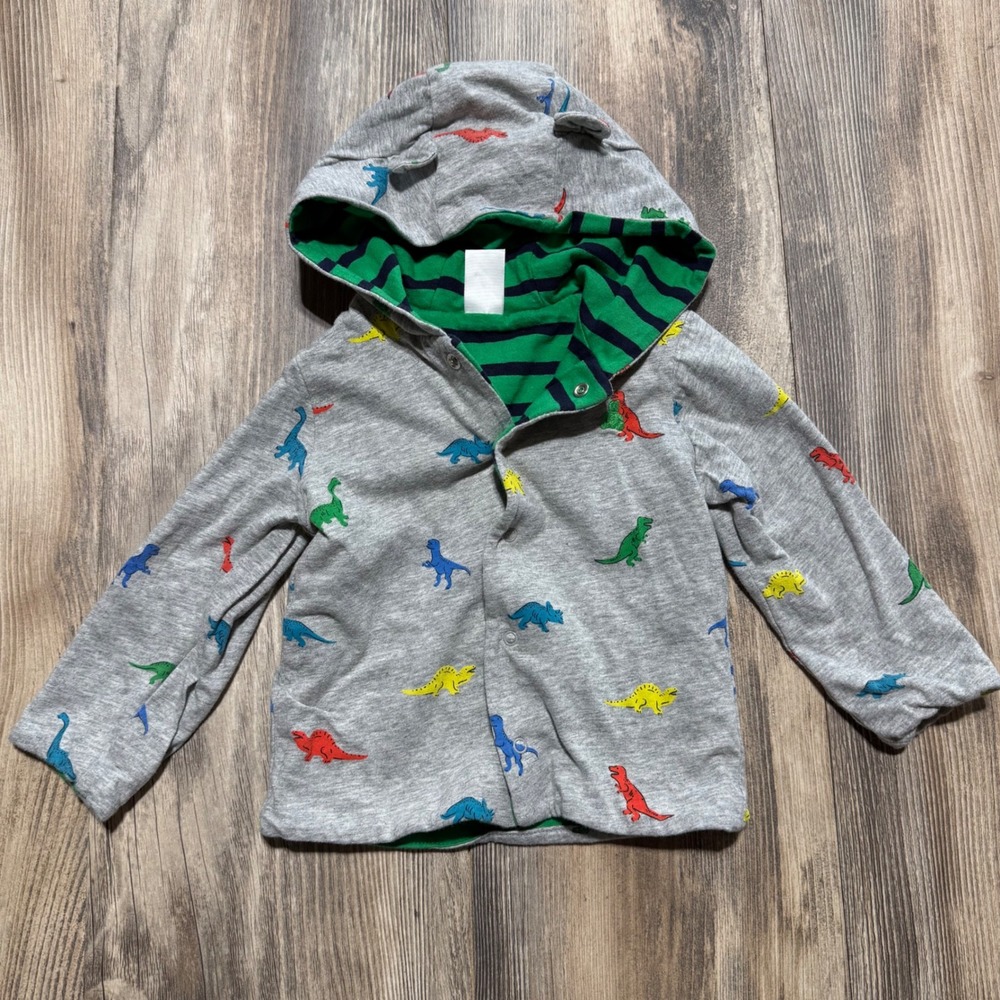 Baby Gap Reversible Hoodie Gray Dinosaur Green Stripe Kidcore